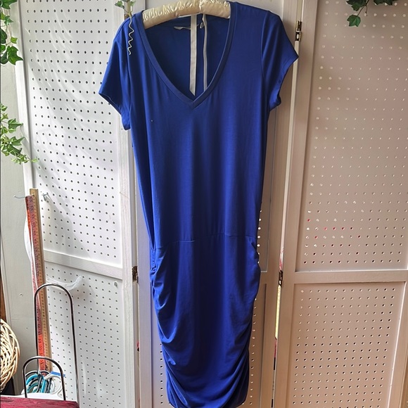 Athleta size Med tall royal Blue Ruched v- neck Sheath Dress with cap Sleeves - Picture 4 of 11